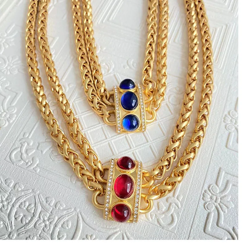 

Golden exaggerated European and American style double layered chain metallic glass necklace bracelet set