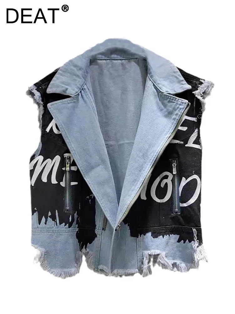 

Женский джинсовый жилет DEAT, Свободный жилет с отложным воротником, на молнии, с надписью и заусенцами, летняя мода 2024, 11A0320