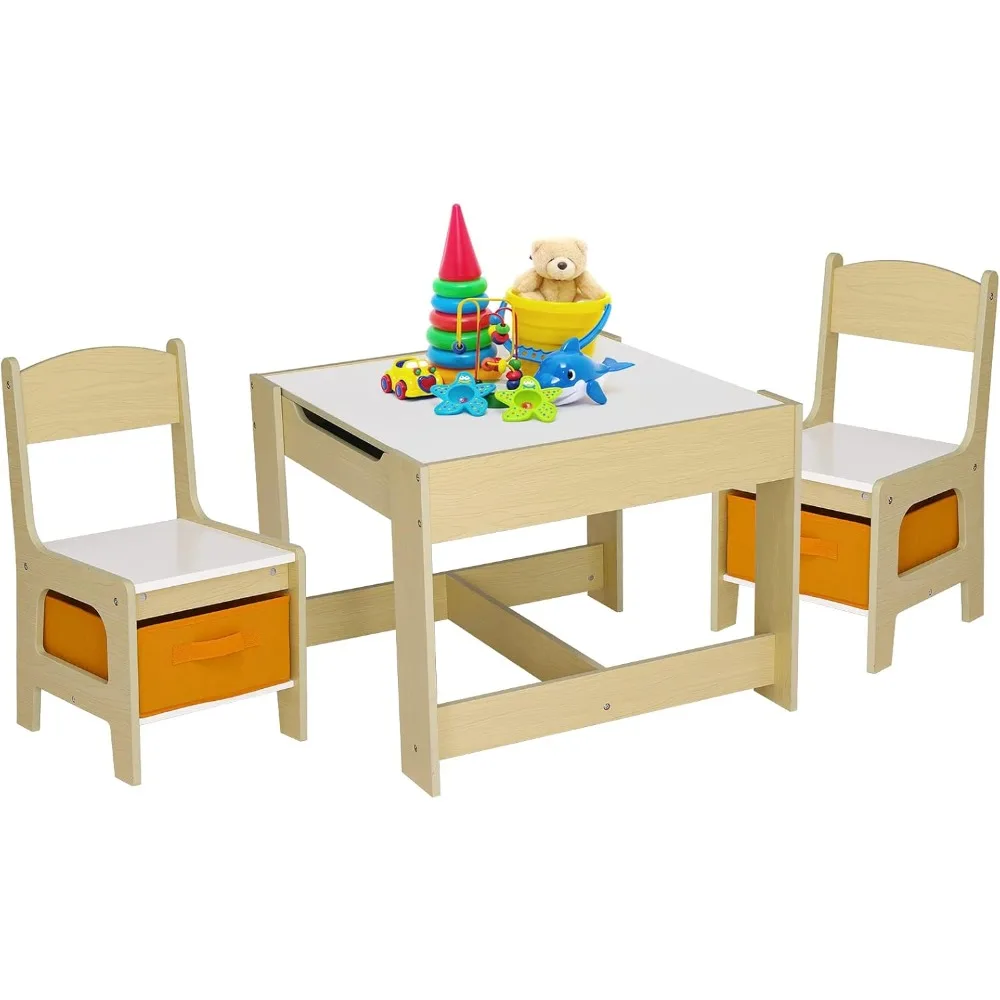 Kids Table & 2 Chairs Set, 3 in 1 Wooden Toddler Activity Table w/Blackboard, Storage, Removable Tabletop for Drawing Reading