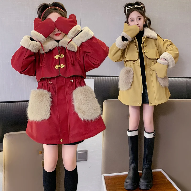 

Winter New Girls Wool Blends Outerwear Elegant Peter Pan Collar Thicken Fashion Children Long Jackets for Gilrs 5-16 Years