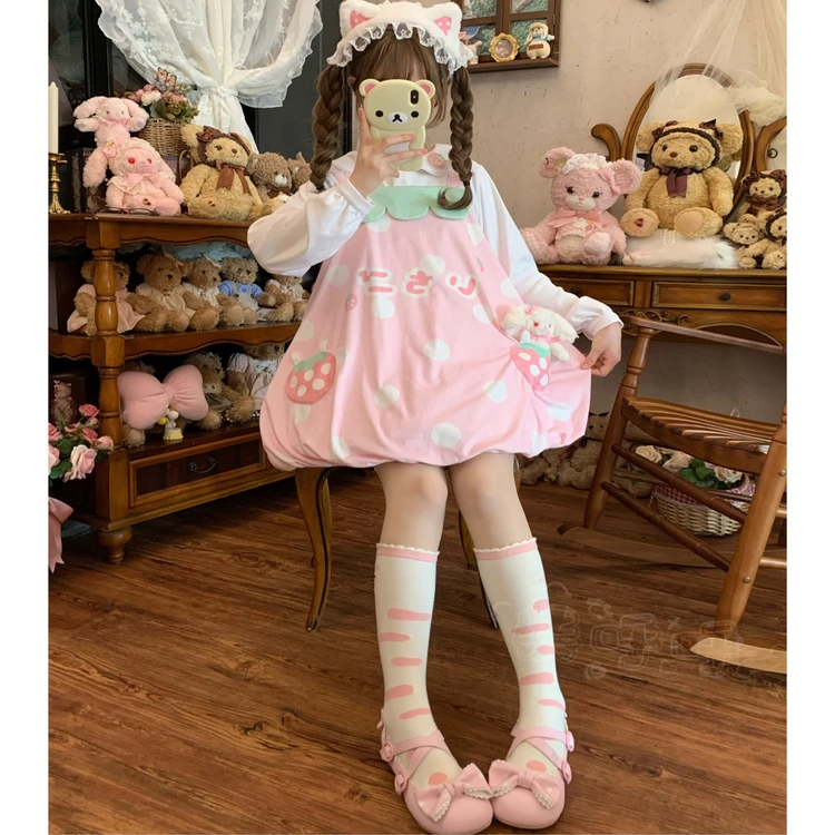 Original japonês macio meninas kawaii morango impressão vestido com capuz jsk 2025 nova filha y2k lolita vestido de aniversário feminino