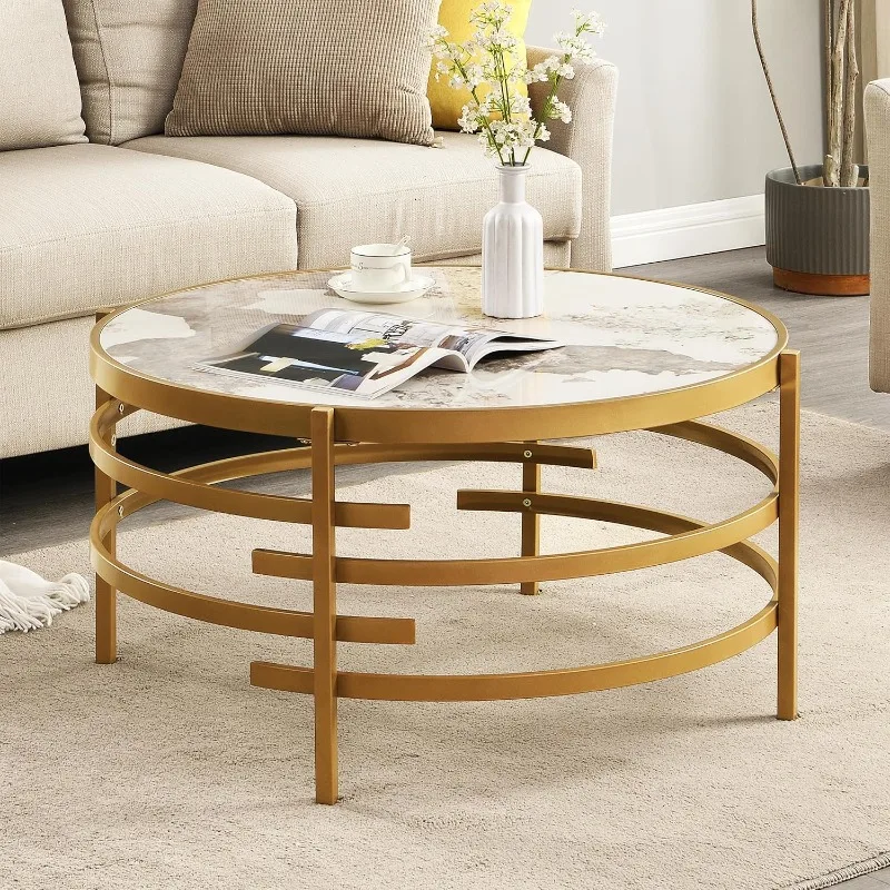 Round Coffee Table Sintered Stone - LifeSky 32 inch Circle Center Coffee Table with Metal Frame .