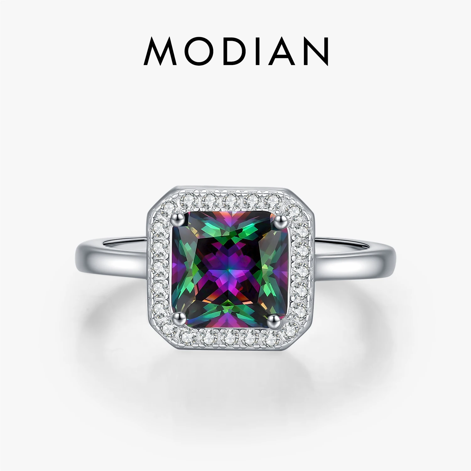 

Кольца MODIAN из стерлингового серебра 925 пробы с квадратными циркониями радужных цветов, классическое красочное обручальное кольцо для женщин, изысканные ювелирные изделия, подарок