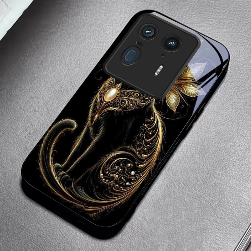 Luxury Jeweled Cat Black Glass Phone Case For Motorola Moto Edge 70 60 Fusion 50 Ultra 40 Neo 30 Pro 20Lite 60s Neo Black Cover view 4