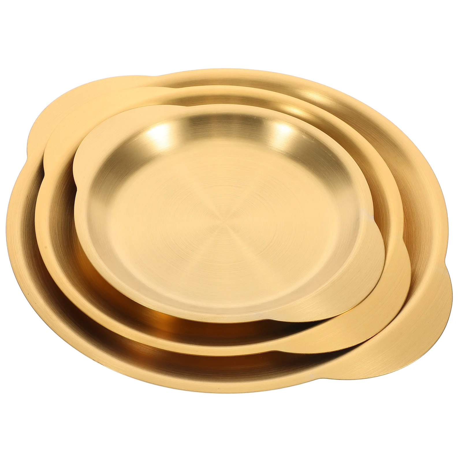 

3pcs Snack Plates Stainless Steel Round Shallow Serving Dish Korean Design Golden Accents For Barbecue Fruit Pastry