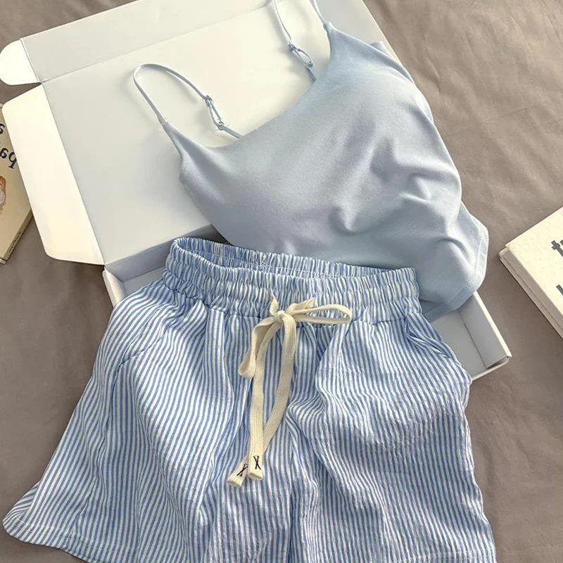 

Pajamas Set Women's Summer Camisole And Shorts Ladies Korean Style Home Clothes Suit With Chest Pad