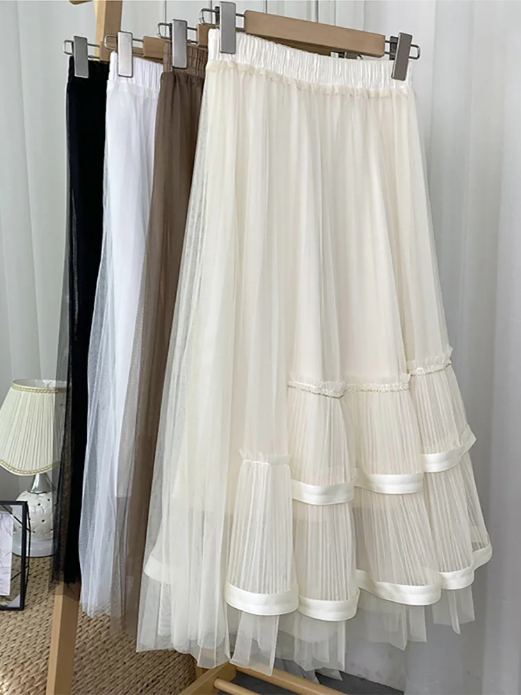 

Croysier Skirts For Women Elegant Frill Trim Mesh Patchwork Pleated Midi Long Skirt Elastic High Waist Asymmetric Tulle Skirt