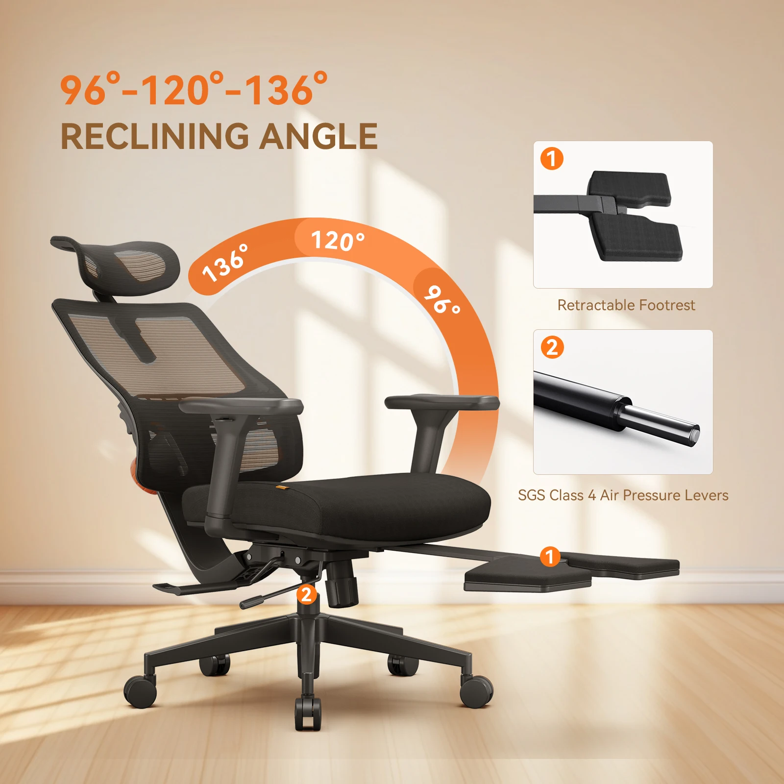 Newtral MAGICH-BP Silla de Oficina Ergonómica con Soporte Lumbar Adaptativo, Silla para Juegos con Reposapiés, Reposabrazos y Reposacabezas Ajustables, Silla Giratoria de Escritorio
