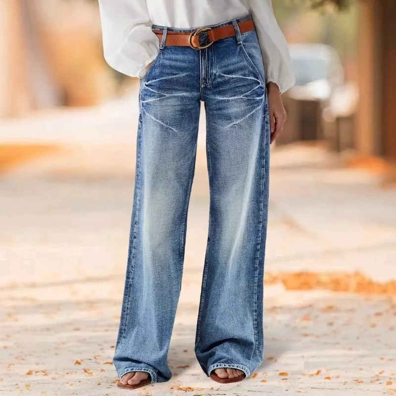 

Denim Pant Women Jeans Vintage Wide Leg Pants Full Length High Waist Straight Trousers Y2k Scratched Splice Work Casual Spring