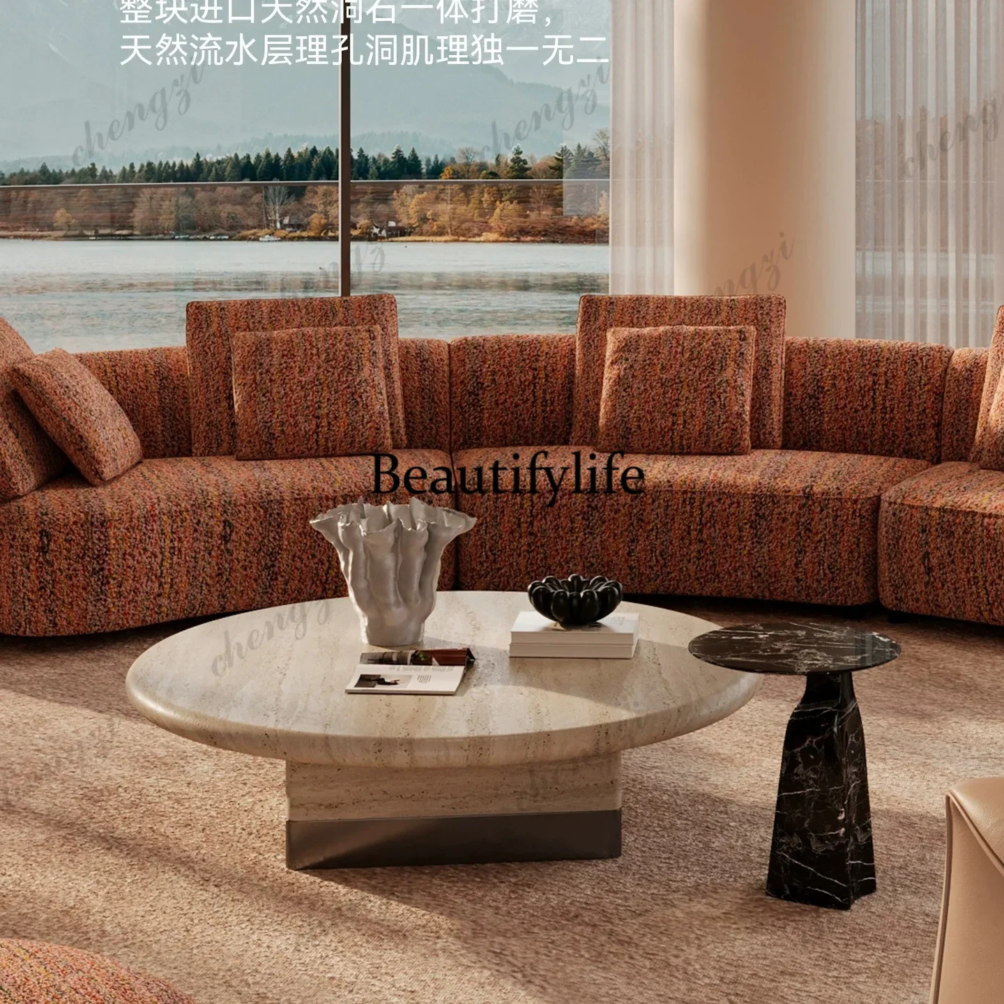 D136 Blue marble pattern round coffee table modern simple light luxury living room furniture