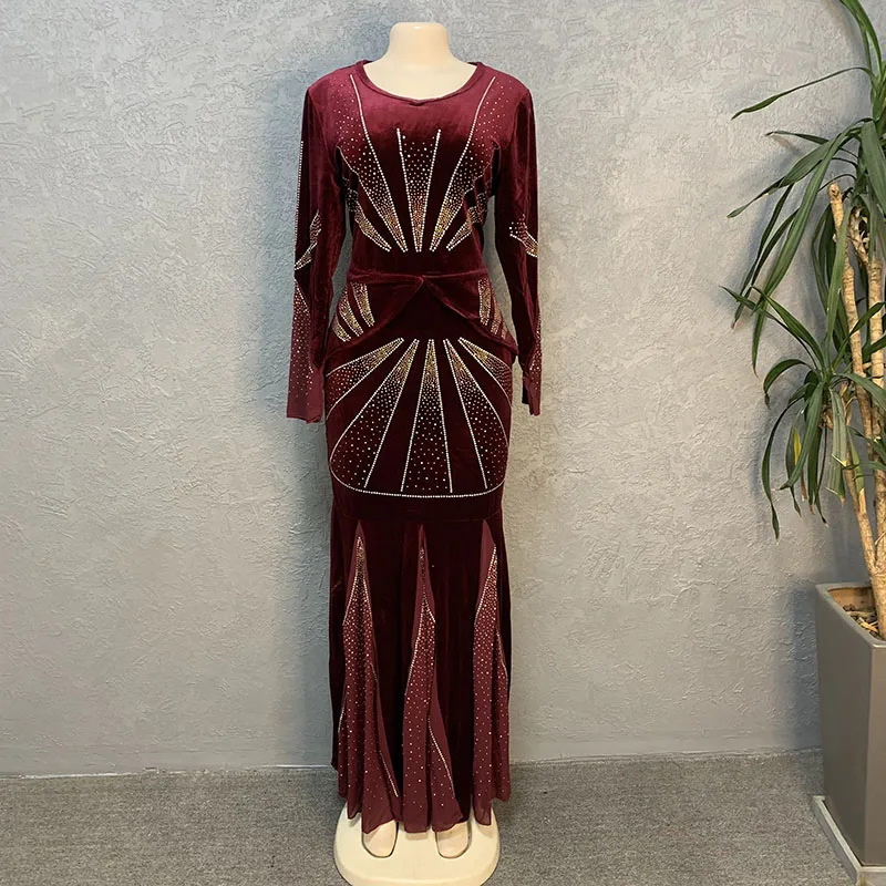 Luxury Formal Evening Velvet Long Dresses For Women African Fashion Autumn Winter Dashiki Beading Slim Fit Elegant Party Dress