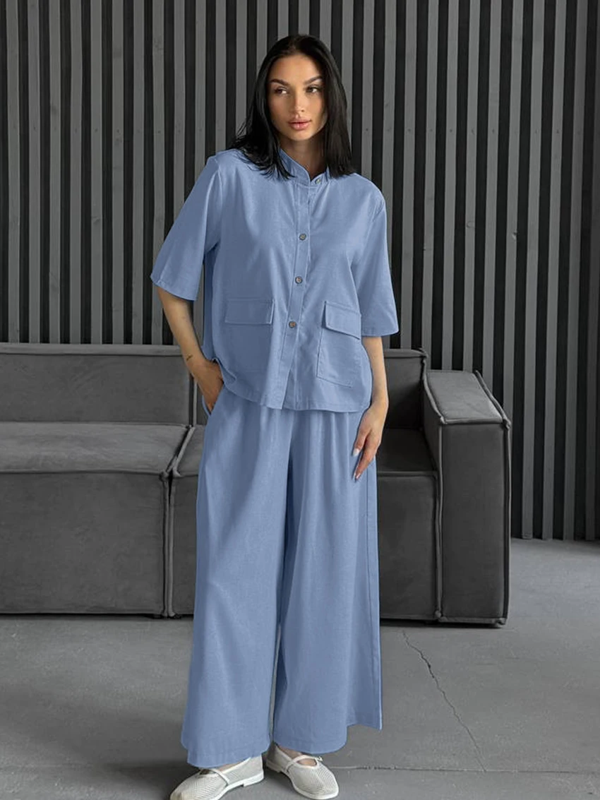 

Marthaqiqi Autumn Casual Female Nightgowns Suit O-Neck Nightwear Half Sleeve Sleepwear Pants Cotton Women'S Pajamas 2 Piece Set
