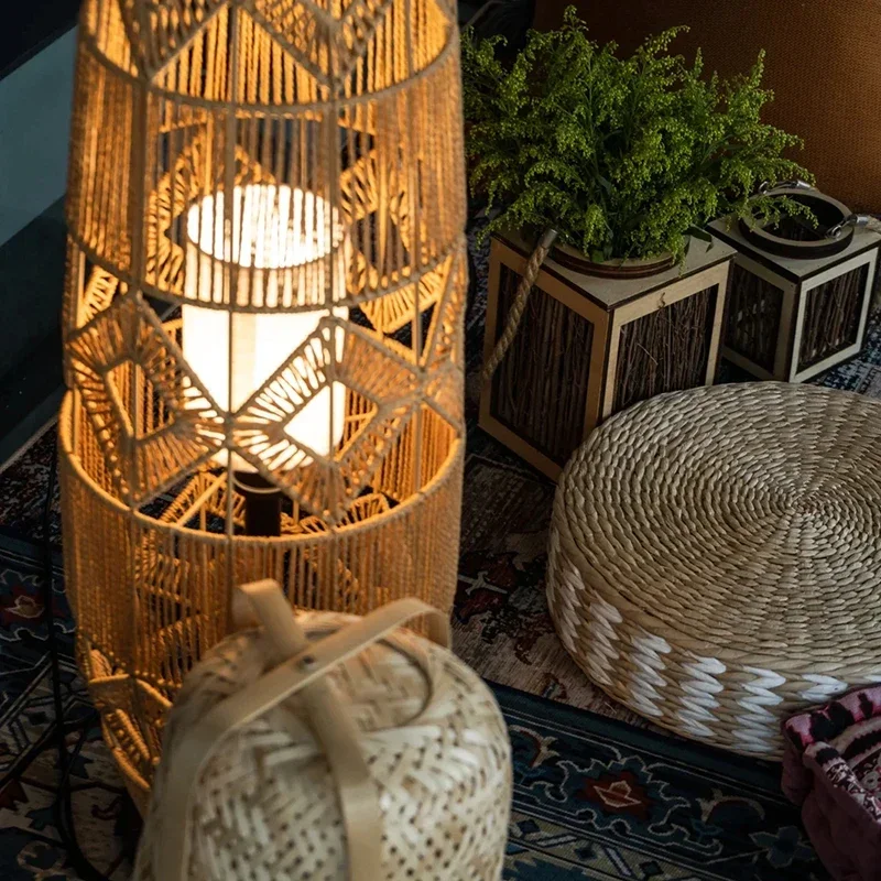 Japanese Wabi Sabi Retro E27 Hemp Rope Rattan Weaving Floor Lamp Homestay Living Room Bedroom  Home Decor Handmade Pendant Light