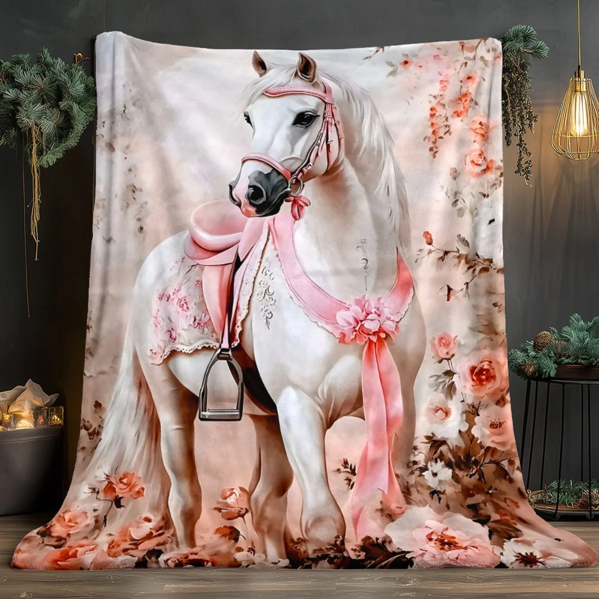 Large Decorative Floral Throw Blanket Horse and Rose Print Cozy Home Decor Gift for Girls Equestrian Pet Lovers Plush Throw
