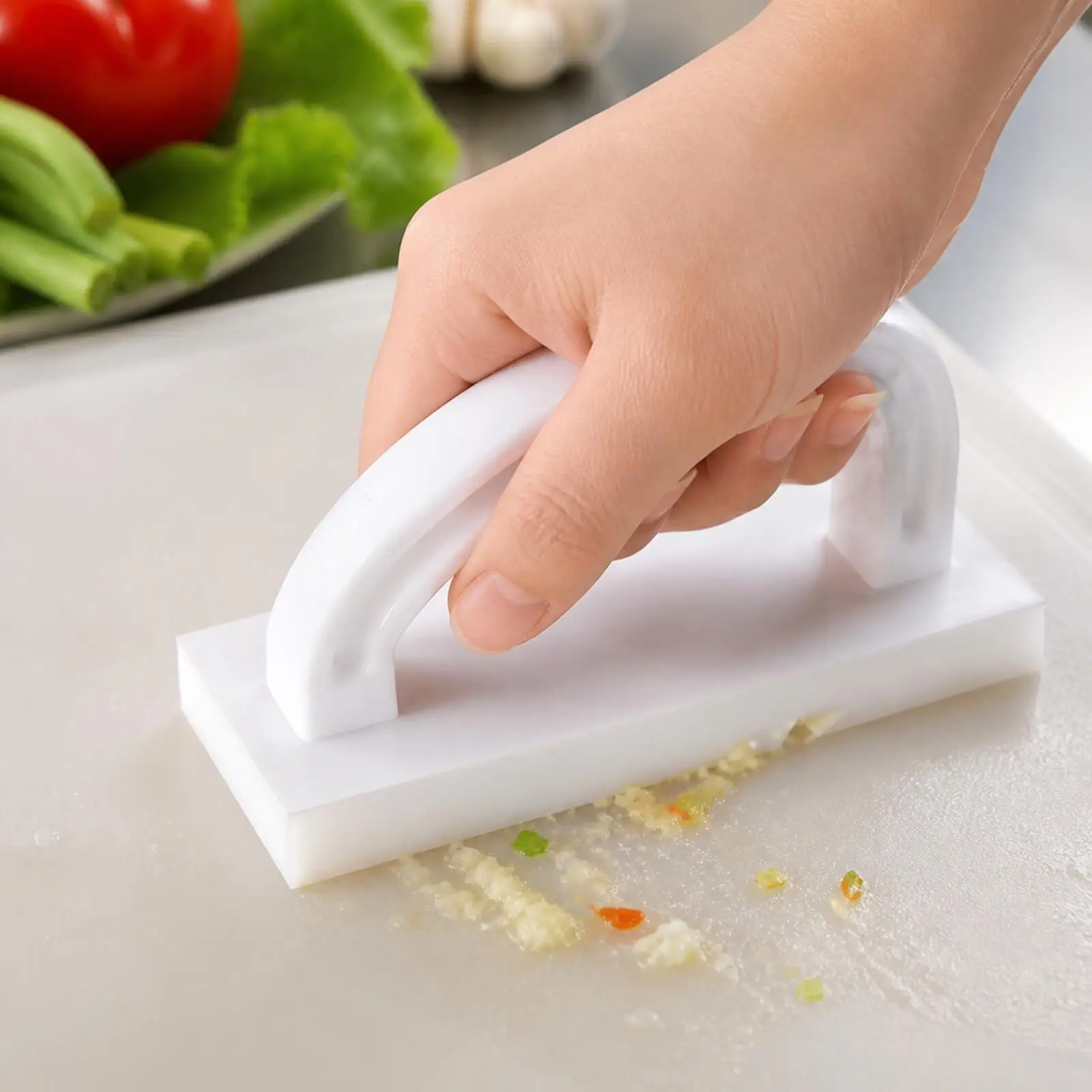Cutting Board Scraper Tool for Kitchen Stainless Steel Chopping Board Cleanup with PE Plastic Arched Handle for Daily Use