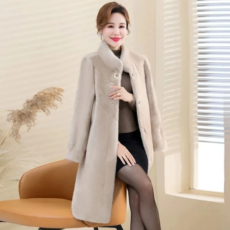 Fashion Lmitation Mink Fur Jacket Women Large Size 5XL Stand Collor Long Faux Fur Coat Winter Female High End Plush Overcoat