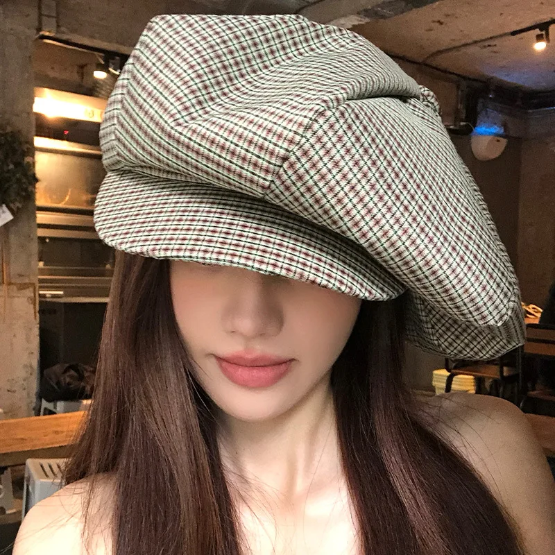 

Корейский весенне-летний корейский ретро клетчатый берет с облаком, женский литературный нишевый шляпа художника большого размера, восьмиугольная шляпа