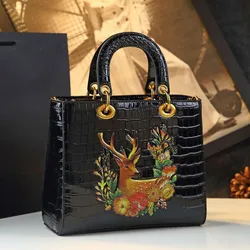 Original Design Leather Women's Handbag 2025 New Deer Head Girl Small Shoulder Crossbody Bag Mom Black Crocodile Pattern Bags