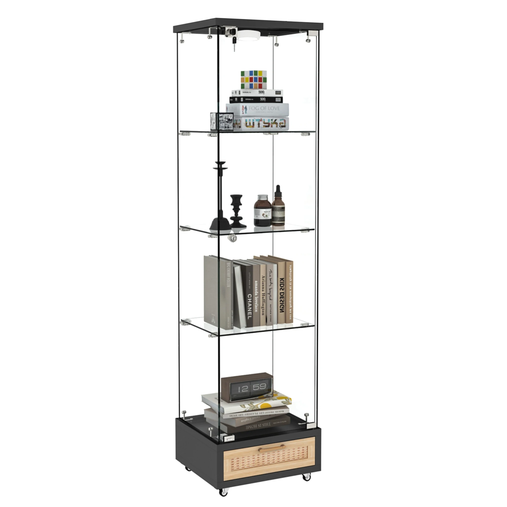 Vitrine moderne en verre avec tiroirs, éclairage LED, bibliothèque en verre trempé, vitrine à une porte avec quatre étagères, rangement verrouillable, noir