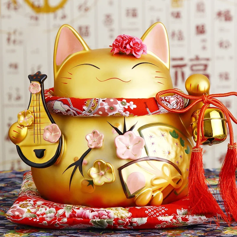 

8 inch Ceramic Maneki Neko Ornament Lute Abacus Design Lucky Cat Money Box Figurine Home Feng Shui Decoration Coin Bank