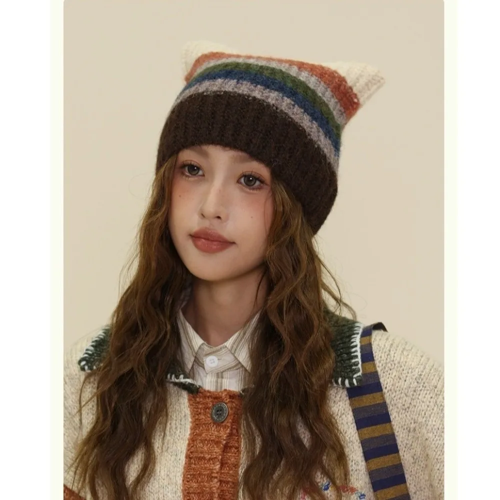 Rainbow Striped Knitted Beanie Hat 55-59cm Head Circumference Daily Use Warm Winter Skull Cap Wool Blend Beanie Girls