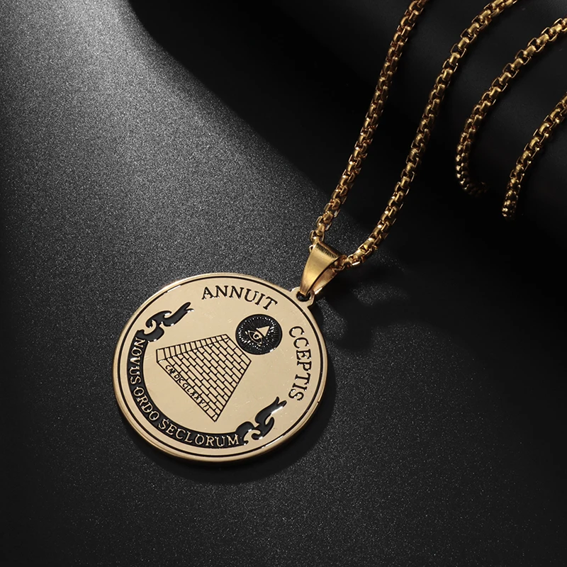 Ancient Egyptian Pyramid Eye of Horus Pendant Disc Stainless Steel Necklace for Men and Women Classic Rune Amulet Jewelry