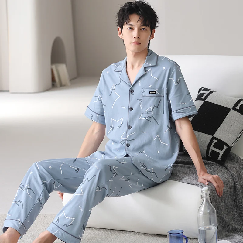 Big Size M-4XL Men Short Sleeve Pajamas Set Summer Modal Pyjama Male Turn-down Collar Sleepwear