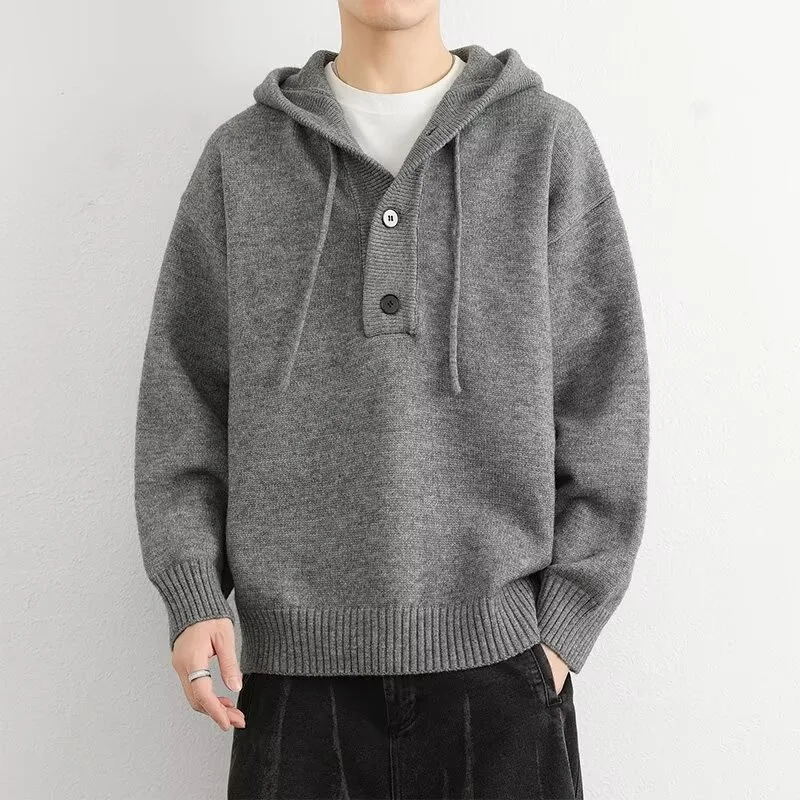 

Hooded Knitted Sweater Thiened Men's Casual Lazy Sle Top Winter Faion Soft Polyester Fiber Straight Cut Basic Color