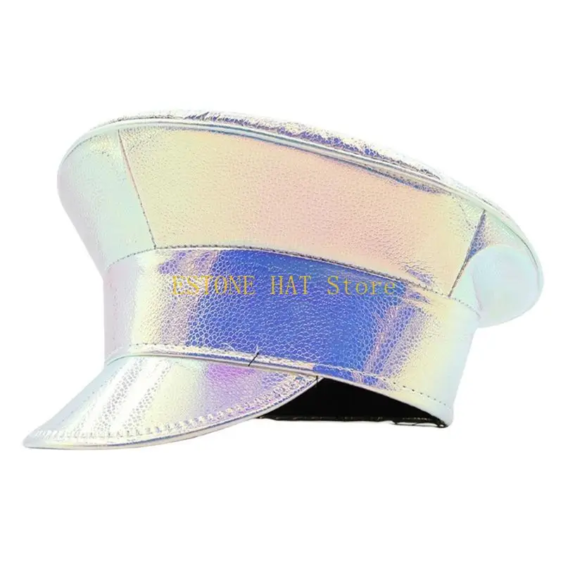 49MF Shimmering Marine Hat Fashion PU Leather Flat Top Hat for Carnivals Party Music Festival Stage Hat for Theme Event