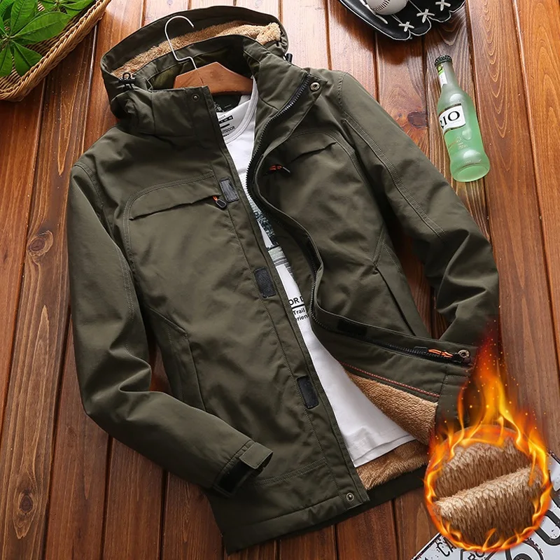 Autumn And Winter New Thickened Outdoor Men's Stand-up Collar Hooded Jacket Winter Velvet Tooling Large Size Top Coat