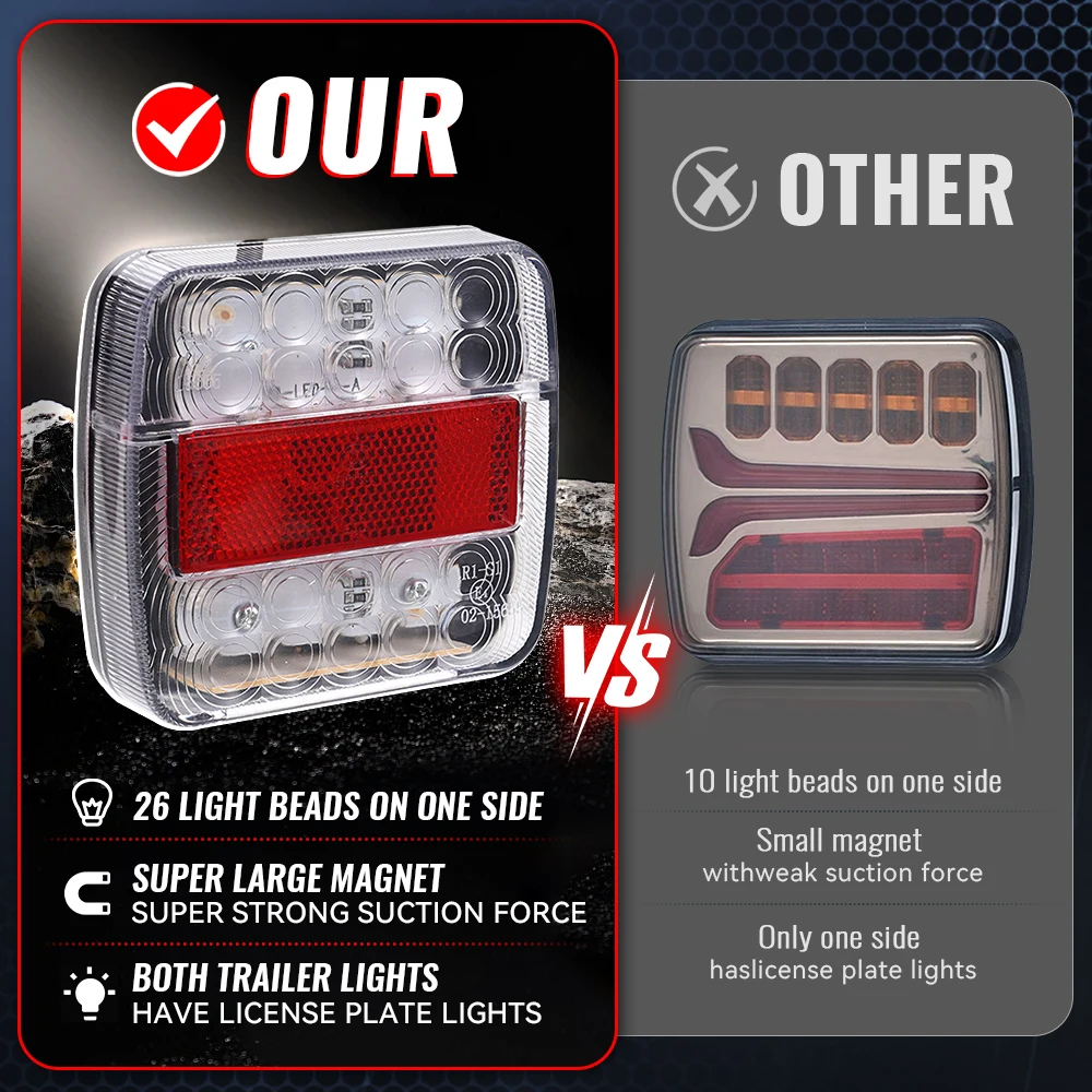 1Pair 12V Magnetic LED Trailer Towing Tail Light EU Standard 7 Pin Plug Brake Stop Turn Signal License Plate Lamp 7.5+2.5m Cable