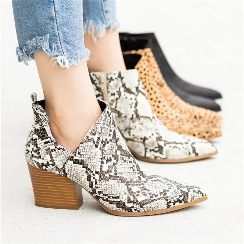 

Women's Snake Print Boots High Heel Side Zipper Chunky Heel Faion Boots Single Boot Low Tube Pure Color Summer Season
