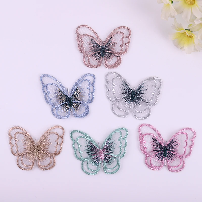 10PCS Kolorowa organza 5CM Dwuwarstwowe naszywki motylkowe Haftowane wykończenie Motyl Naklejka na spinkę do włosów Udekoruj akcesoria odzieżowe