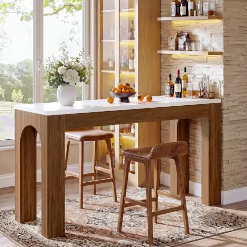 63-Inch Bar Table, Long Counter Height Pub Table with Arched Leg, Farmhouse Rectangular Home Bar Coffee Unit for Dining