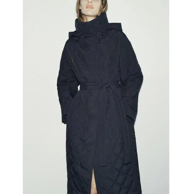 Autunno Inverno delle nuove donne Casual staccabile cintura in vita lungo trapuntato in cotone Jaet con cappuccio modello diamante pendolari Sle Coat