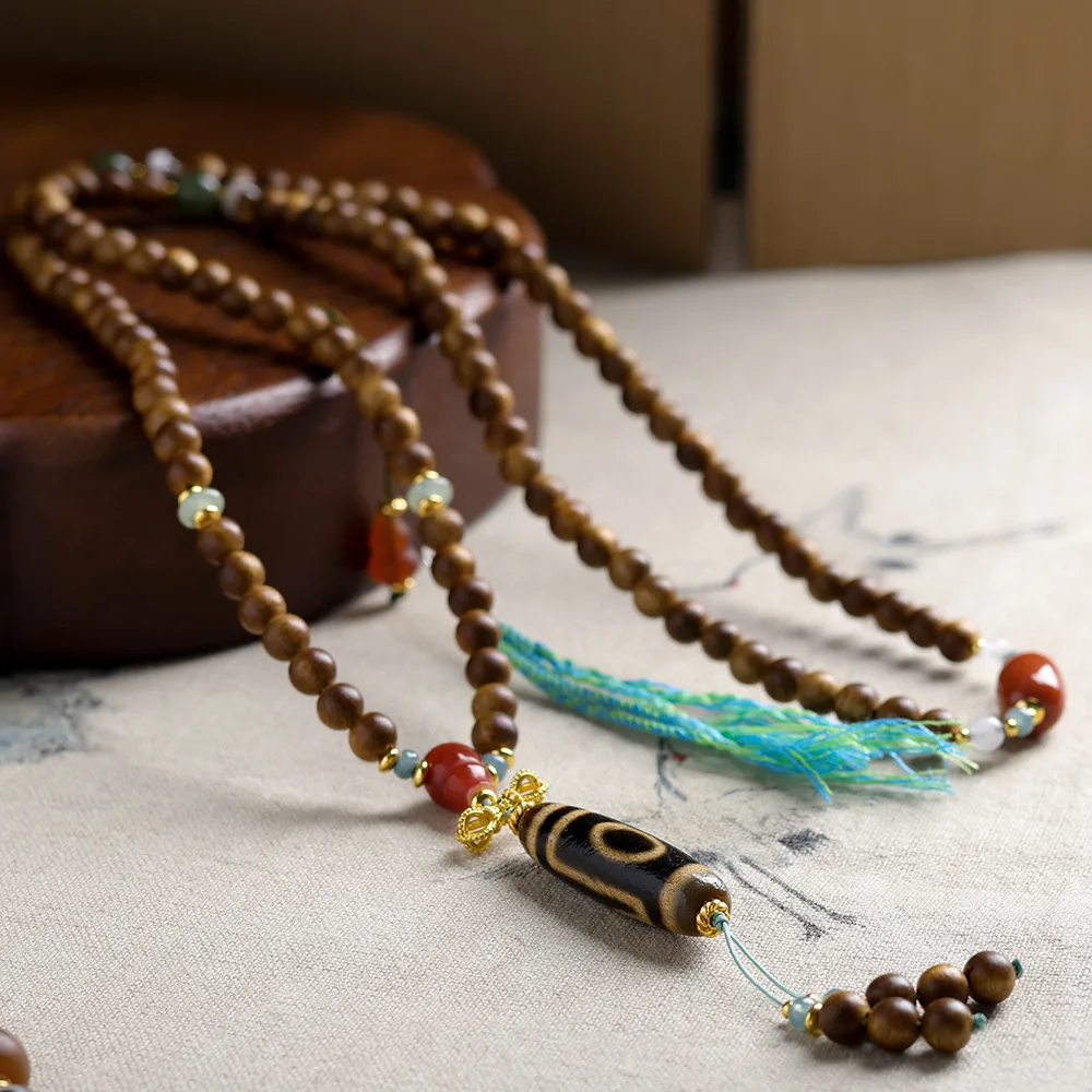 Multi-turn Yellow Chen Agarwood Bracelet: Tibetan Patina Two-eye Dzi, Jasper, South Red Agate Wenwan Necklace Gift