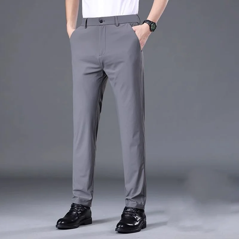 2024 Summer Ice Shreds Men Casual Pants Elastic Force Slim Straight Cylinder Commerce Trousers Solid Color All-match Long Pants