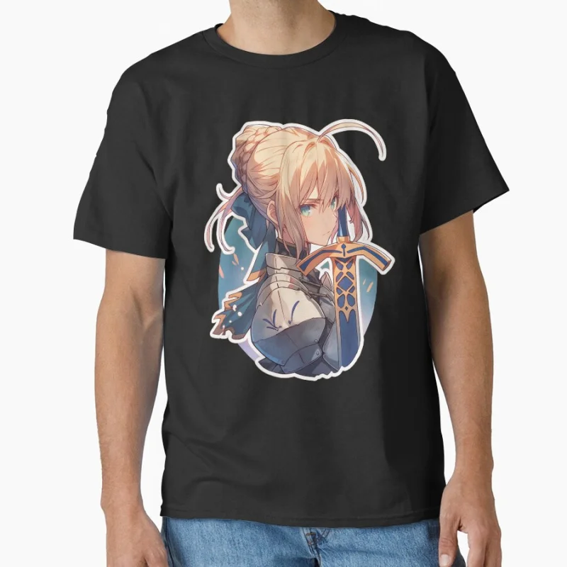 

Saber & Excalibur 80s vintage Manga Fate stay night video game Anime T shirt for men 100% cotton print Large size gift tops