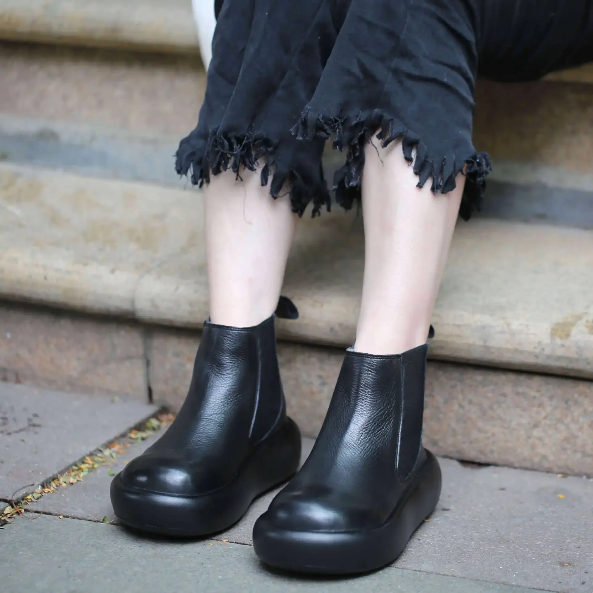 Careaymade-Genuine leather wider head Casual women's boots,Retro cowhide chimney warm cotton boots comfortable Casual Shoes