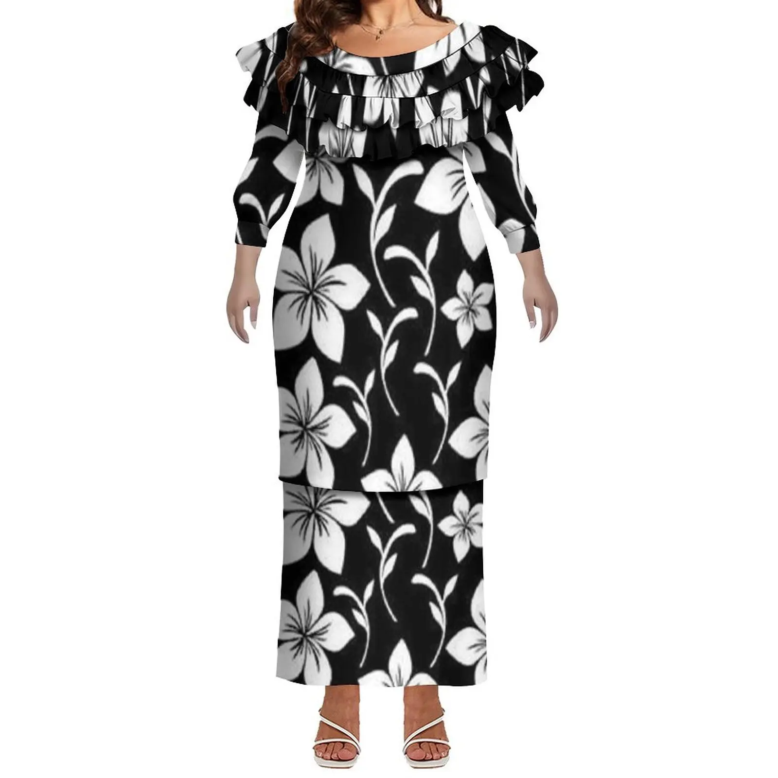 Summer Hibiscus Flower Design Lotus Leaf Lace Puletasi Suit Dress Polynesian Custom Women'S Dress Elegant Evening Dress