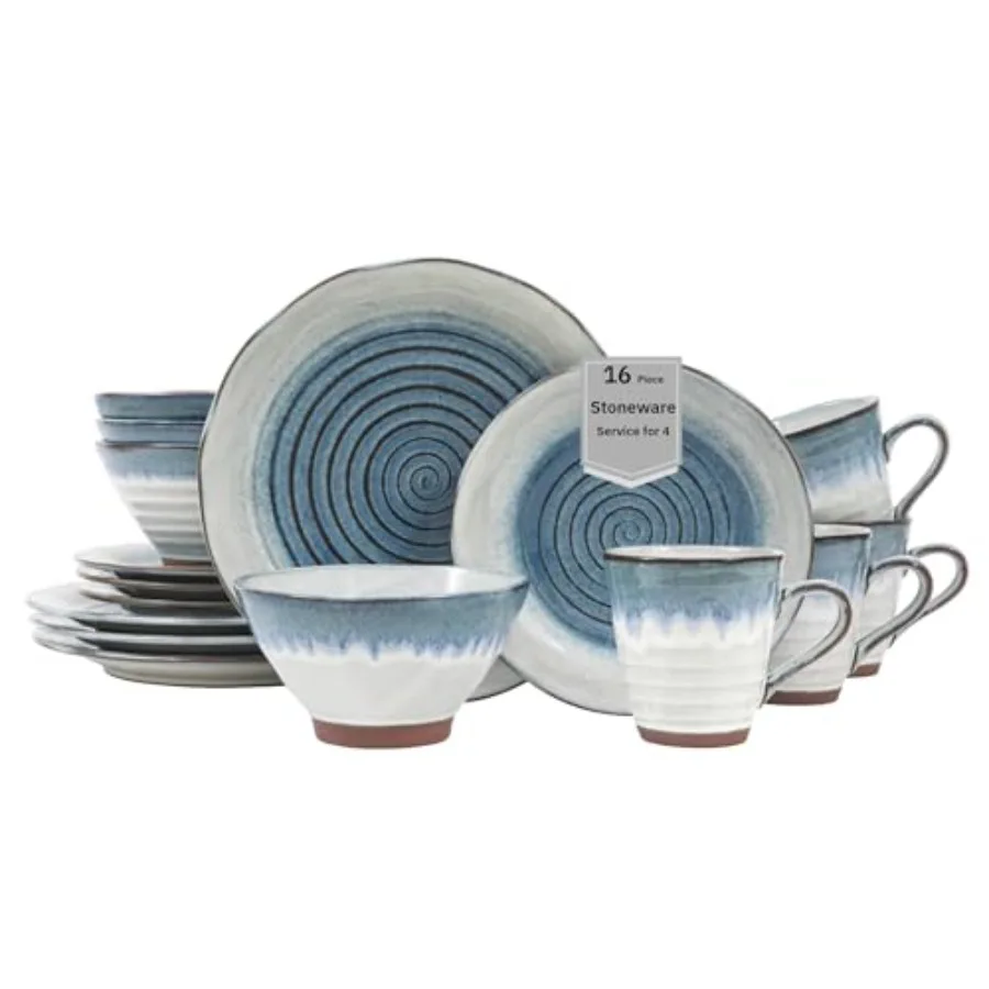 Talia 16Piece Casual Blue Stoneware Dinnerware Set Service for 4 Blue and White Matte Glaze with Unique Swirl Design for Everyd