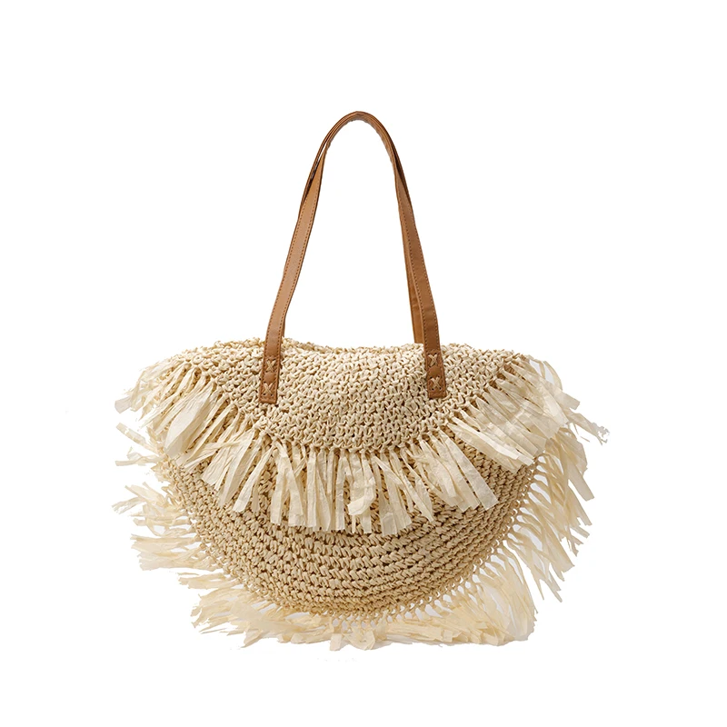 

Women Straw Handbag with Tassel Hand Woven Beach Bag Wear Resist Semicircle Underarm Bag Female Travel Commute Shoulder Bag