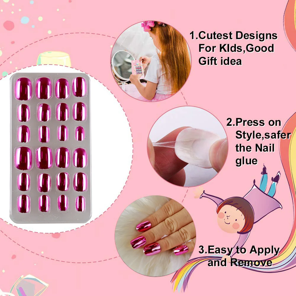 24 Pcs Mirror Chrome Kids Nails Press On Gradient False Nail Art Tips Pre-glue Short Full Cover Fake Nails for Little Girl Toys