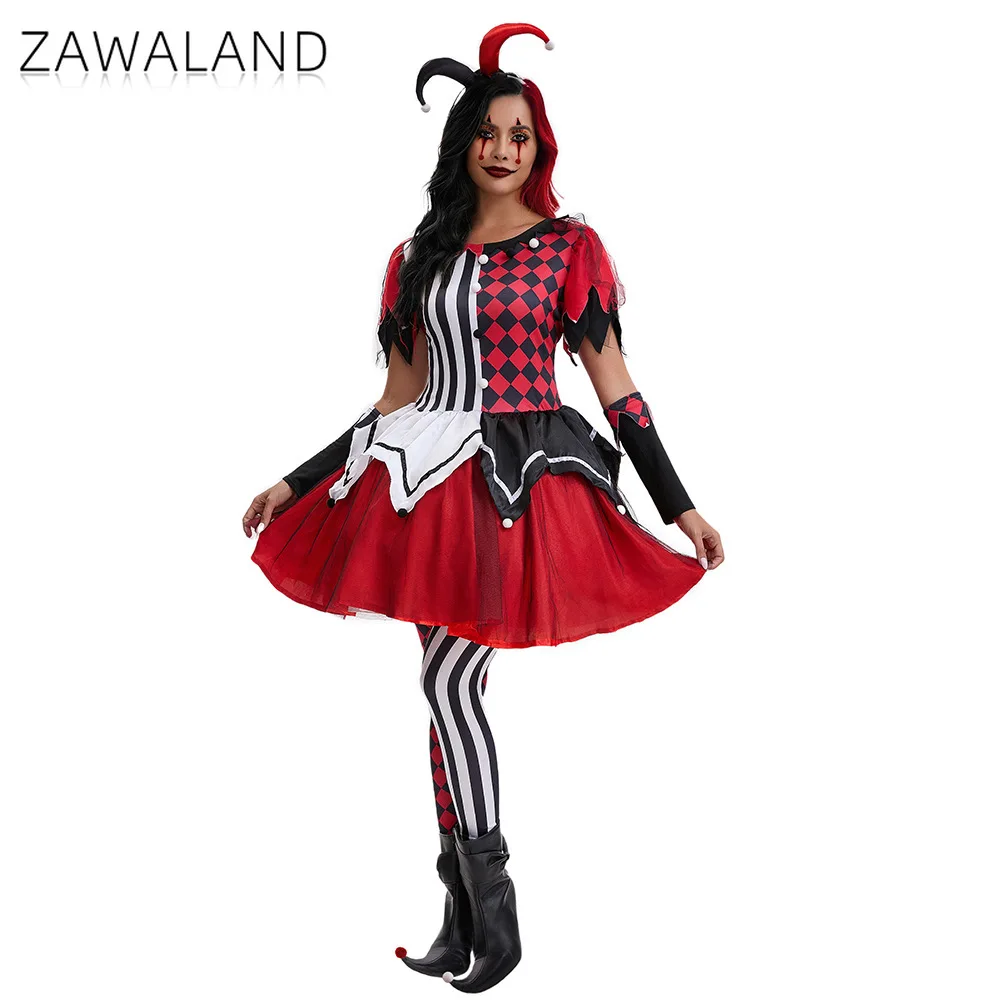 

Horror Clown Cosplay Costume Woman Black Red Plaid Dress with Headwear Carnival Party Performance Dress Set Holiday Party Outfit
