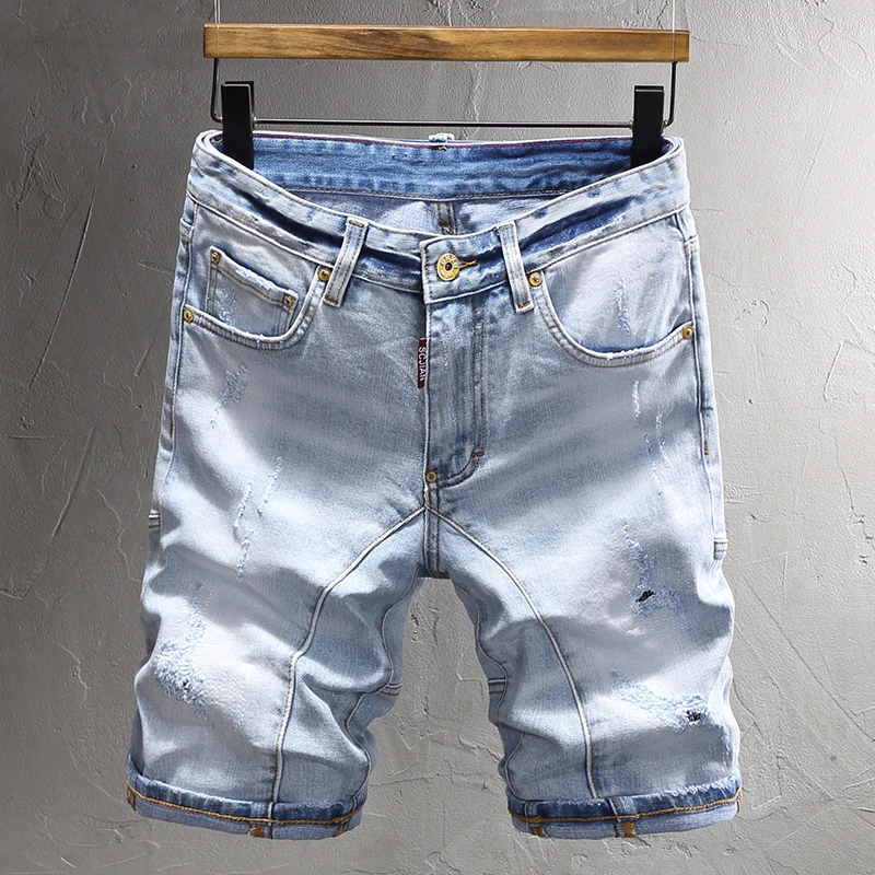 

Summer Fashion Designer Men Jeans Retro Light Blue Stretch Spliced Ripped Short Jeans Men Vintage Casual Denim Shorts Hombre