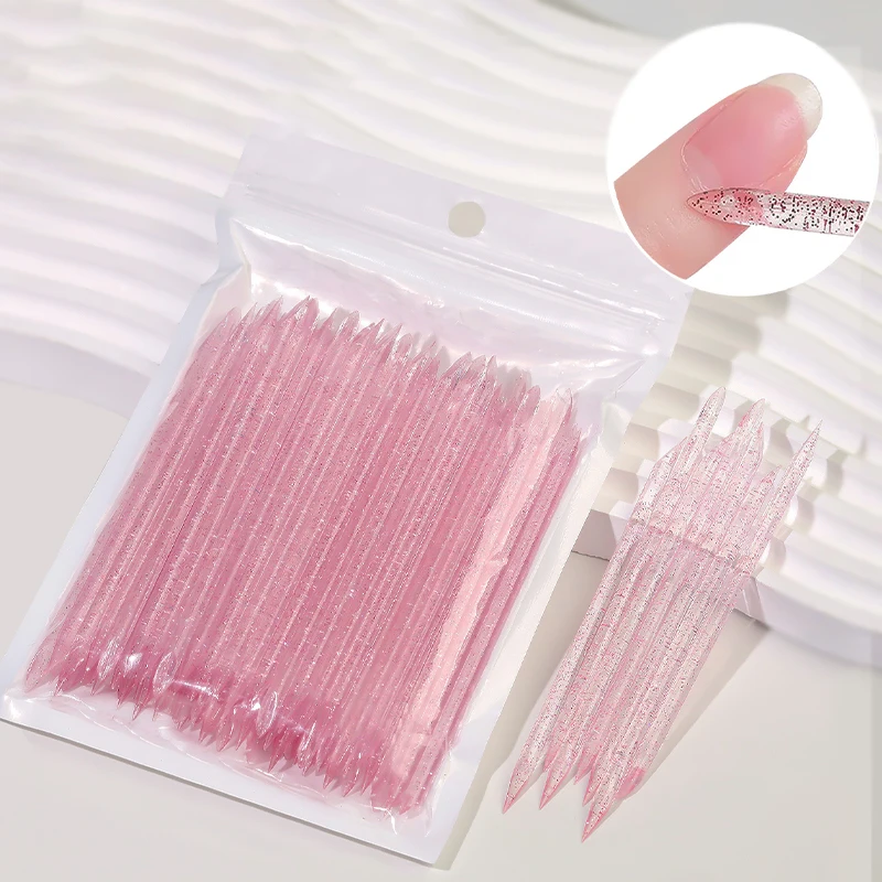 100Pcs/Bag Pink Crystal Cuticle Pusher Nail Art Manicures Stick Double End Peeling Push Reusable Nails Remover Clean Care Tools