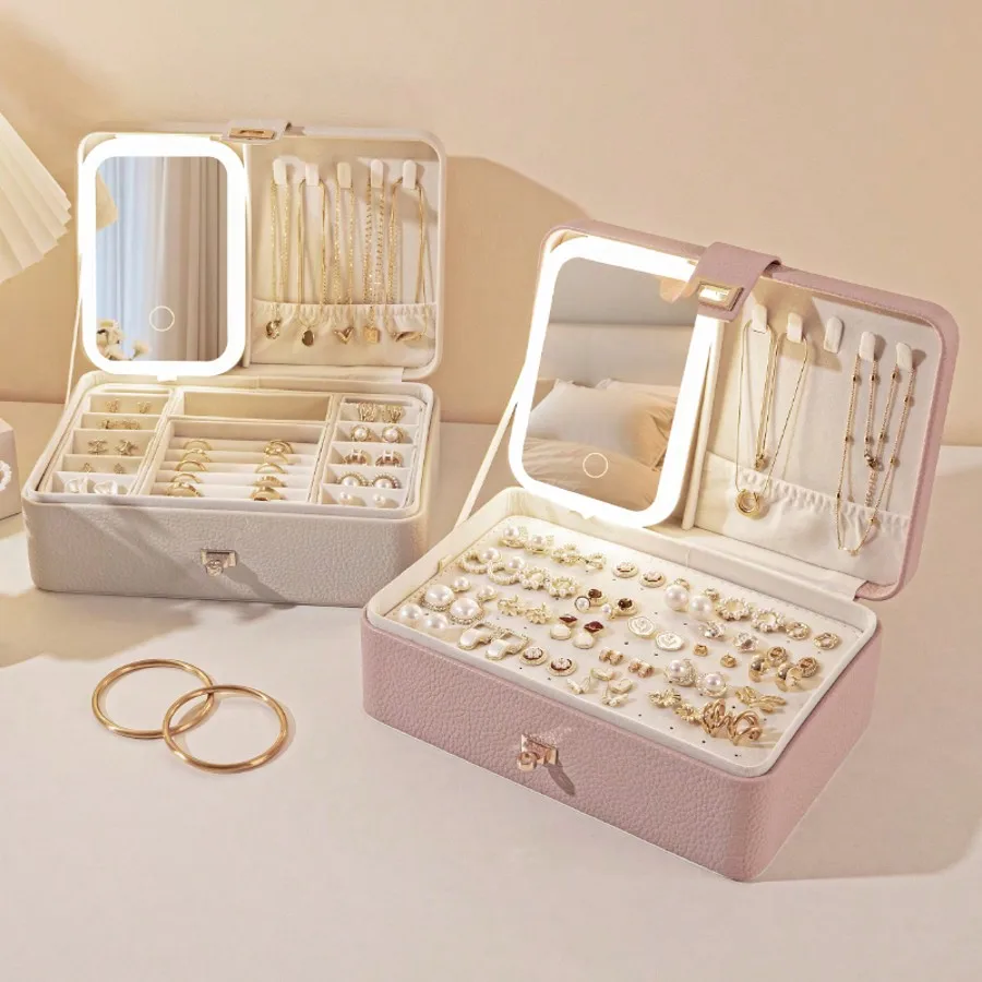 

Многофункциональное зеркало для макияжа с 3-цветной регулируемой подсветкой и шкатулкой для украшений, подчеркивает вашу красоту, водонепроницаемое, пыленепроницаемое