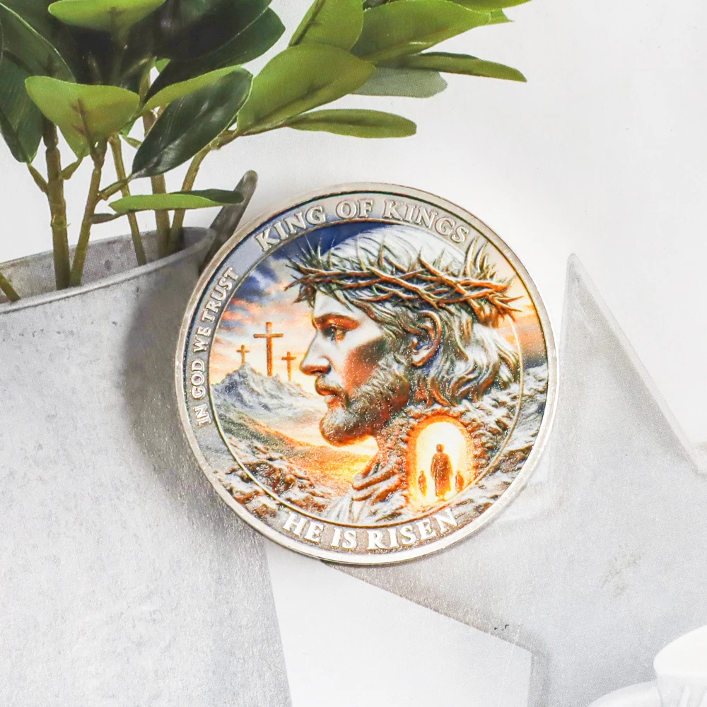 1pc He Is Risen Jesus Christian Jesus Challenge Coin King of Kings Crown of Thorns Holy Cross Collectible Keepsake Gift for Pray