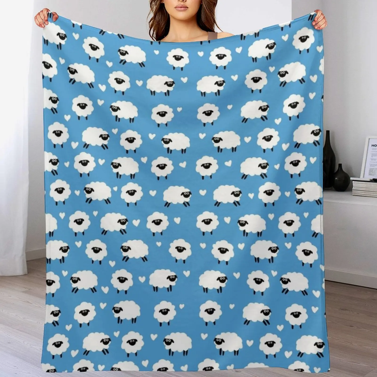 

Sheep and Hearts Pattern - Blue Throw Blanket Cute Plaid Kid'S Blankets