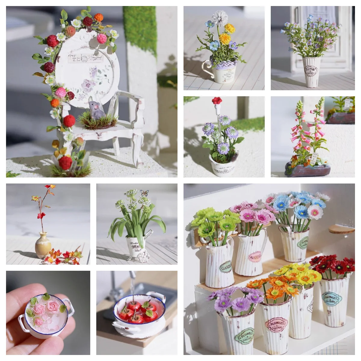 Bjd Dollhouse Accessories Miniature Clay POT Garlands Gerberas Maple Leaves Pomegranate Branches Garden Decorations Rattan Chair
